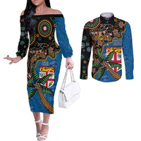 Fijian and Australian Culture Together Couples Matching Off The Shoulder Long Sleeve Dress and Long Sleeve Button Shirt Aboriginal Art and Tapa Motifs with Kangaroo and Palm Tree - Polynesian Pride