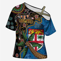 Fijian and Australian Culture Together Cross Shoulder Shirt Aboriginal Art and Tapa Motifs with Kangaroo and Palm Tree LT03 Female Black - Polynesian Pride