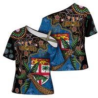 Fijian and Australian Culture Together Cross Shoulder Shirt Aboriginal Art and Tapa Motifs with Kangaroo and Palm Tree LT03 - Polynesian Pride