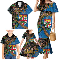 Fijian and Australian Culture Together Family Matching Mermaid Dress and Hawaiian Shirt Aboriginal Art and Tapa Motifs with Kangaroo and Palm Tree - Polynesian Pride