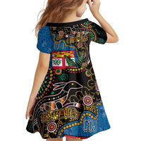 Fijian and Australian Culture Together Family Matching Off Shoulder Short Dress and Hawaiian Shirt Aboriginal Art and Tapa Motifs with Kangaroo and Palm Tree - Polynesian Pride