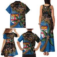 Fijian and Australian Culture Together Family Matching Tank Maxi Dress and Hawaiian Shirt Aboriginal Art and Tapa Motifs with Kangaroo and Palm Tree - Polynesian Pride