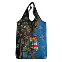 Fijian and Australian Culture Together Grocery Bag Aboriginal Art and Tapa Motifs with Kangaroo and Palm Tree - Polynesian Pride