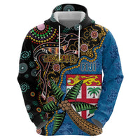 Fijian and Australian Culture Together Hoodie Aboriginal Art and Tapa Motifs with Kangaroo and Palm Tree - Polynesian Pride