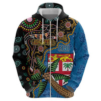 Fijian and Australian Culture Together Hoodie Aboriginal Art and Tapa Motifs with Kangaroo and Palm Tree - Polynesian Pride