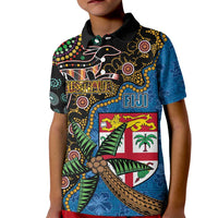 Fijian and Australian Culture Together Kid Polo Shirt Aboriginal Art and Tapa Motifs with Kangaroo and Palm Tree - Polynesian Pride