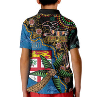 Fijian and Australian Culture Together Kid Polo Shirt Aboriginal Art and Tapa Motifs with Kangaroo and Palm Tree - Polynesian Pride