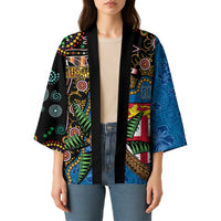 Fijian and Australian Culture Together Kimono Aboriginal Art and Tapa Motifs with Kangaroo and Palm Tree - Polynesian Pride