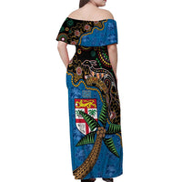 Fijian and Australian Culture Together Off Shoulder Maxi Dress Aboriginal Art and Tapa Motifs with Kangaroo and Palm Tree LT03 - Polynesian Pride