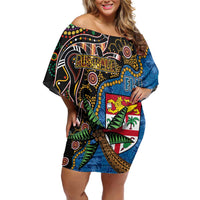 Fijian and Australian Culture Together Off Shoulder Short Dress Aboriginal Art and Tapa Motifs with Kangaroo and Palm Tree - Polynesian Pride