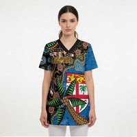 Fijian and Australian Culture Together Scrub Top Aboriginal Art and Tapa Motifs with Kangaroo and Palm Tree - Polynesian Pride