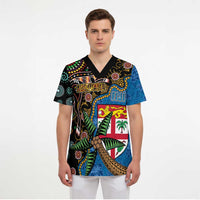 Fijian and Australian Culture Together Scrub Top Aboriginal Art and Tapa Motifs with Kangaroo and Palm Tree - Polynesian Pride