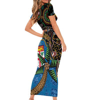 Fijian and Australian Culture Together Short Sleeve Bodycon Dress Aboriginal Art and Tapa Motifs with Kangaroo and Palm Tree LT03 - Polynesian Pride