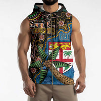 Fijian and Australian Culture Together Sleeveless Zip Hoodie Aboriginal Art and Tapa Motifs with Kangaroo and Palm Tree LT03 - Polynesian Pride