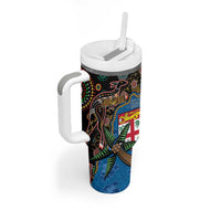 Fijian and Australian Culture Together Tumbler With Handle Aboriginal Art and Tapa Motifs with Kangaroo and Palm Tree - Polynesian Pride