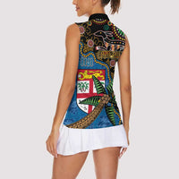 Fijian and Australian Culture Together Women Sleeveless Polo Shirt Aboriginal Art and Tapa Motifs with Kangaroo and Palm Tree - Polynesian Pride