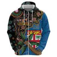 Fijian and Australian Culture Together Zip Hoodie Aboriginal Art and Tapa Motifs with Kangaroo and Palm Tree - Polynesian Pride