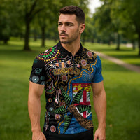 Fijian and Australian Culture Together Zipper Polo Shirt Aboriginal Art and Tapa Motifs with Kangaroo and Palm Tree - Polynesian Pride