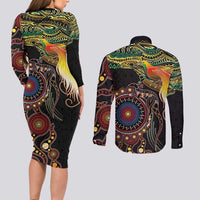 Papua New Guinea and Australia Together Couples Matching Long Sleeve Bodycon Dress and Long Sleeve Button Shirt Bird of Paradise and Kangaroo Melanesian Aboriginal Motifs LT03 - Polynesian Pride