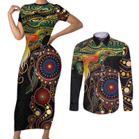 Papua New Guinea and Australia Together Couples Matching Short Sleeve Bodycon Dress and Long Sleeve Button Shirt Bird of Paradise and Kangaroo Melanesian Aboriginal Motifs LT03 Black - Polynesian Pride