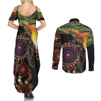 Papua New Guinea and Australia Together Couples Matching Summer Maxi Dress and Long Sleeve Button Shirt Bird of Paradise and Kangaroo Melanesian Aboriginal Motifs LT03 - Polynesian Pride
