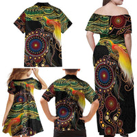Papua New Guinea and Australia Together Family Matching Off Shoulder Maxi Dress and Hawaiian Shirt Bird of Paradise and Kangaroo Melanesian Aboriginal Motifs - Polynesian Pride