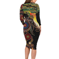 Papua New Guinea and Australia Together Long Sleeve Bodycon Dress Bird of Paradise and Kangaroo Melanesian Aboriginal Motifs - Polynesian Pride