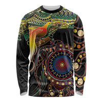 Papua New Guinea and Australia Together Long Sleeve Shirt Bird of Paradise and Kangaroo Melanesian Aboriginal Motifs LT03 Unisex Black - Polynesian Pride