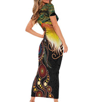 Papua New Guinea and Australia Together Short Sleeve Bodycon Dress Bird of Paradise and Kangaroo Melanesian Aboriginal Motifs LT03 - Polynesian Pride