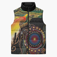 Papua New Guinea and Australia Together Sleeveless Puffer Jacket Bird of Paradise and Kangaroo Melanesian Aboriginal Motifs LT03 Unisex Black - Polynesian Pride