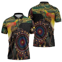 Papua New Guinea and Australia Together Zipper Polo Shirt Bird of Paradise and Kangaroo Melanesian Aboriginal Motifs - Polynesian Pride
