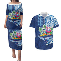 Hawaiian Mele Kalikimaka Couples Matching Puletasi and Hawaiian Shirt Funny Santa on Whale Island with Kakau Tattoos - Polynesian Pride