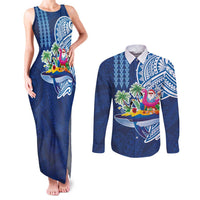 Hawaiian Mele Kalikimaka Couples Matching Tank Maxi Dress and Long Sleeve Button Shirt Funny Santa on Whale Island with Kakau Tattoos - Polynesian Pride