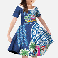 Hawaiian Mele Kalikimaka Family Matching Off Shoulder Maxi Dress and Hawaiian Shirt Funny Santa on Whale Island with Kakau Tattoos LT03 Daughter's Dress Blue - Polynesian Pride