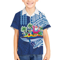 Hawaiian Mele Kalikimaka Family Matching Off Shoulder Maxi Dress and Hawaiian Shirt Funny Santa on Whale Island with Kakau Tattoos LT03 Son's Shirt Blue - Polynesian Pride
