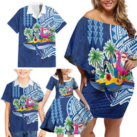 Hawaiian Mele Kalikimaka Family Matching Off Shoulder Short Dress and Hawaiian Shirt Funny Santa on Whale Island with Kakau Tattoos - Polynesian Pride