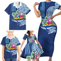 Hawaiian Mele Kalikimaka Family Matching Short Sleeve Bodycon Dress and Hawaiian Shirt Funny Santa on Whale Island with Kakau Tattoos - Polynesian Pride
