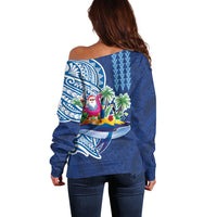 Hawaiian Mele Kalikimaka Off Shoulder Sweater Funny Santa on Whale Island with Kakau Tattoos - Polynesian Pride