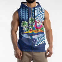 Hawaiian Mele Kalikimaka Sleeveless Zip Hoodie Funny Santa on Whale Island with Kakau Tattoos - Polynesian Pride