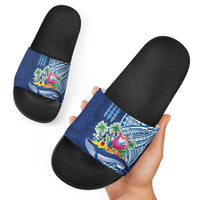 Hawaiian Mele Kalikimaka Slide Sandals Funny Santa on Whale Island with Kakau Tattoos - Polynesian Pride
