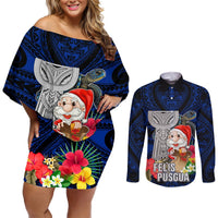 Guam Christmas Couples Matching Off Shoulder Short Dress and Long Sleeve Button Shirt Santa Gift Latte Stone and Sea Turle Mix Hibiscus Chamorro Blue Style LT03 Blue - Polynesian Pride