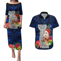 Guam Christmas Couples Matching Puletasi Dress and Hawaiian Shirt Santa Gift Latte Stone and Sea Turle Mix Hibiscus Chamorro Blue Style LT03 Blue - Polynesian Pride
