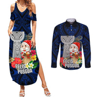 Guam Christmas Couples Matching Summer Maxi Dress and Long Sleeve Button Shirt Santa Gift Latte Stone and Sea Turle Mix Hibiscus Chamorro Blue Style LT03 Blue - Polynesian Pride