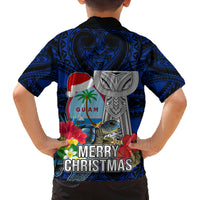 Guam Christmas Family Matching Puletasi Dress and Hawaiian Shirt Santa Gift Latte Stone and Sea Turle Mix Hibiscus Chamorro Blue Style LT03 - Polynesian Pride
