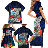 Guam Christmas Family Matching Short Sleeve Bodycon Dress and Hawaiian Shirt Santa Gift Latte Stone and Sea Turle Mix Hibiscus Chamorro Blue Style LT03 - Polynesian Pride