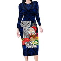 Guam Christmas Long Sleeve Bodycon Dress Santa Gift Latte Stone and Sea Turle Mix Hibiscus Chamorro Blue Style LT03 Long Dress Blue - Polynesian Pride