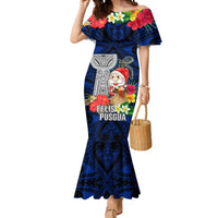 Guam Christmas Mermaid Dress Santa Gift Latte Stone and Sea Turle Mix Hibiscus Chamorro Blue Style LT03 Women Blue - Polynesian Pride