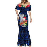 Guam Christmas Mermaid Dress Santa Gift Latte Stone and Sea Turle Mix Hibiscus Chamorro Blue Style LT03 - Polynesian Pride
