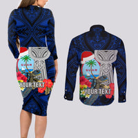 Custom Guam Christmas Couples Matching Long Sleeve Bodycon Dress and Long Sleeve Button Shirt Santa Gift Latte Stone and Sea Turle Mix Hibiscus Chamorro Blue Style LT03