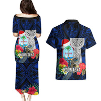 Custom Guam Christmas Couples Matching Puletasi Dress and Hawaiian Shirt Santa Gift Latte Stone and Sea Turle Mix Hibiscus Chamorro Blue Style LT03 - Polynesian Pride